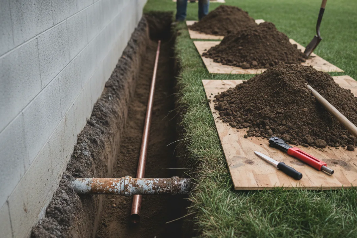 Excavated water line trench during Water Softener Installation in Hanscom AFB